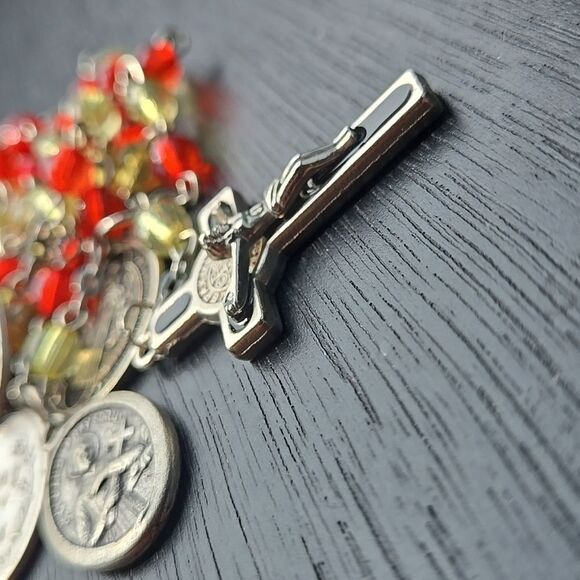 Elegant Silver Tone Red Yellow Beaded Necklace Rosary Jewelry Unisex Man Women - Picture 10 of 15